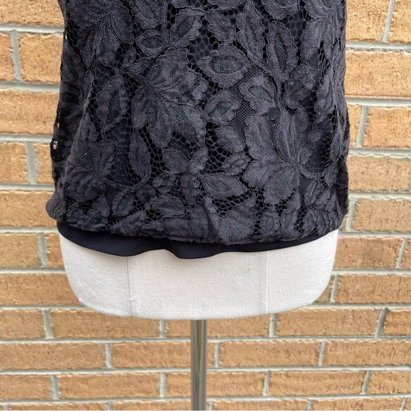 H&M Black High Neck Short Sleeve Lace Blouse Size XS Work Office Corporate - Picture 4 of 7